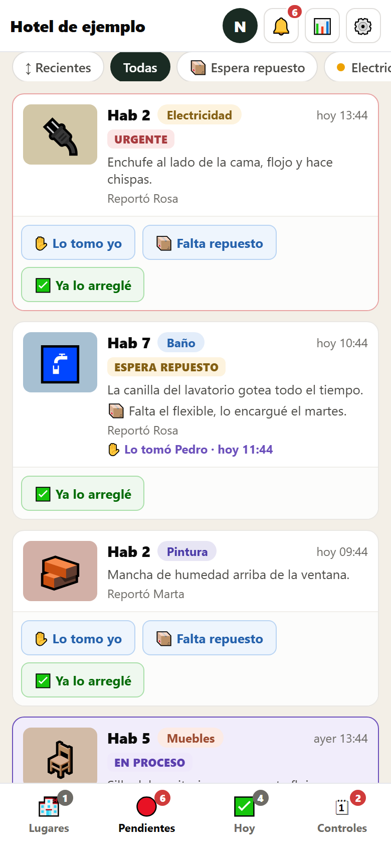 Lista de pendientes de la app: Hab 2 con un enchufe flojo marcado como urgente, Hab 7 esperando un repuesto, y los botones Lo tomo yo, Falta repuesto y Ya lo arreglé.